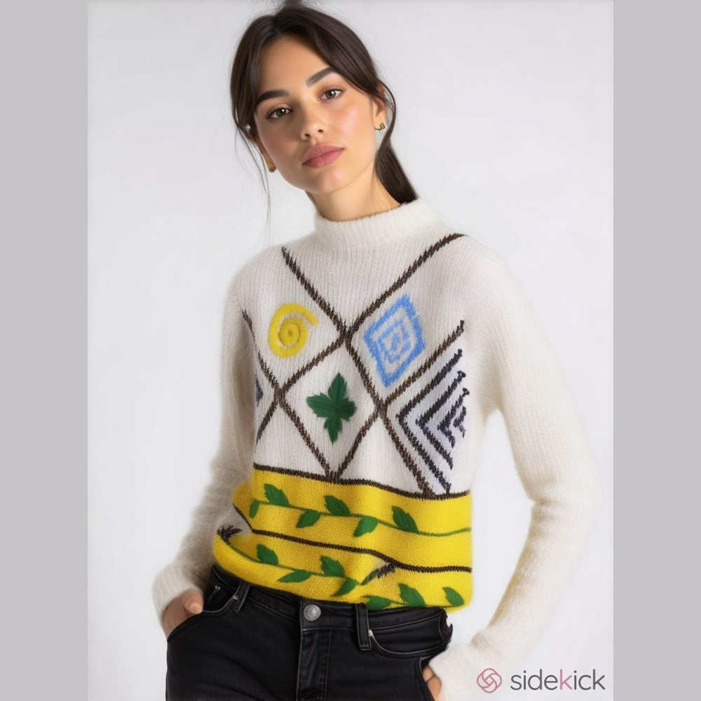 𝅺VINTAGE Multicolored Geometric Art Print Boucle Chunky Knit Sweater Size Small